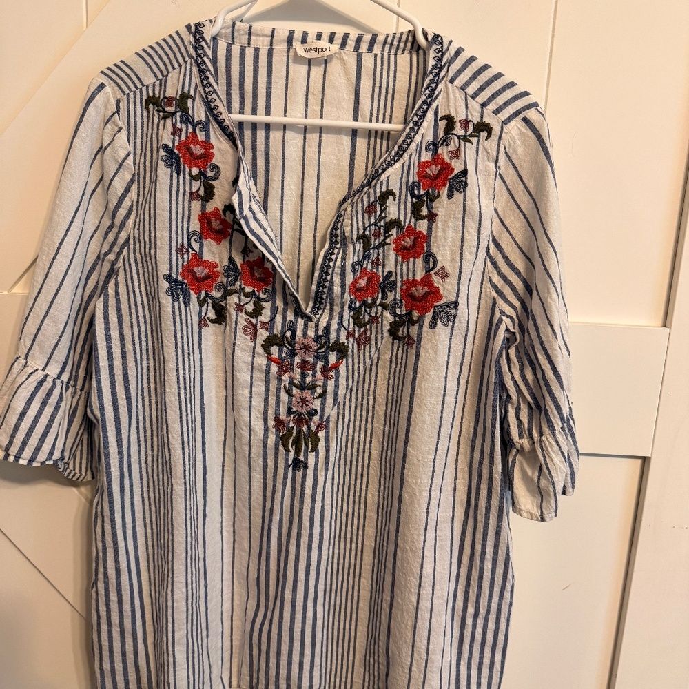 Westport Women's XL Blue Blouse with Boho Embroidery